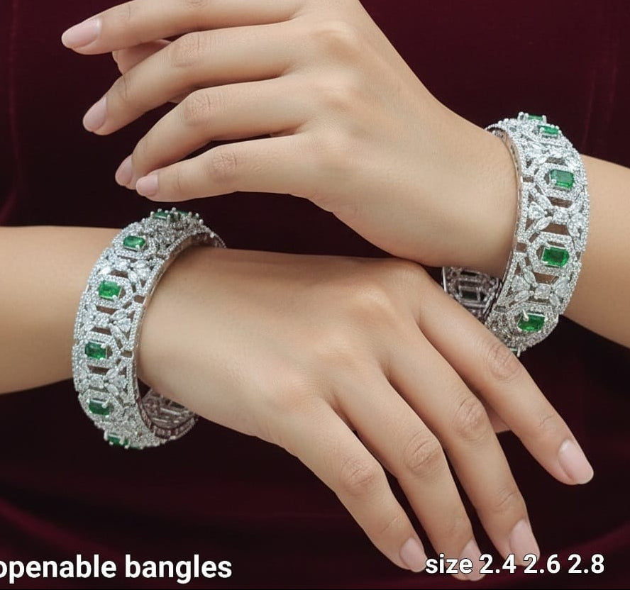 Designer Wear Silver Finish CZ Stone Broad Bangles -  Set Of 2 - Premium Quality