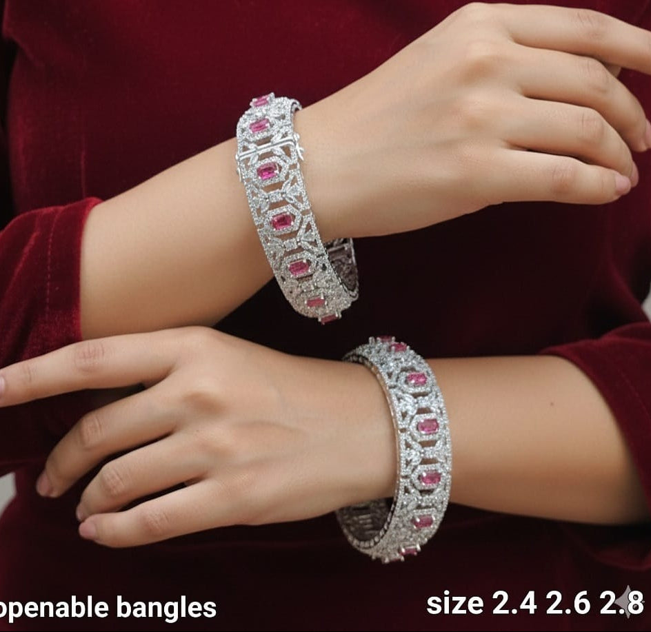 Designer Wear Silver Finish CZ Stone Broad Bangles -  Set Of 2 - Premium Quality