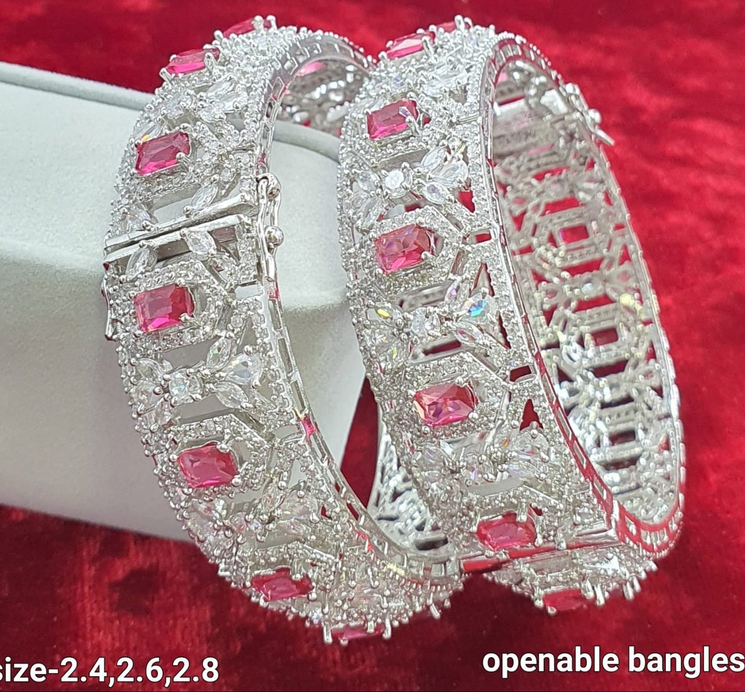 Designer Wear Silver Finish CZ Stone Broad Bangles -  Set Of 2 - Premium Quality