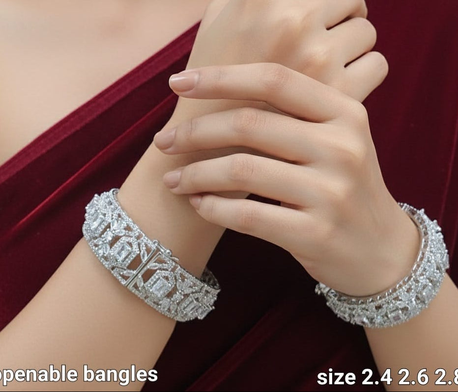 Designer Wear Silver Finish CZ Stone Broad Bangles -  Set Of 2 - Premium Quality