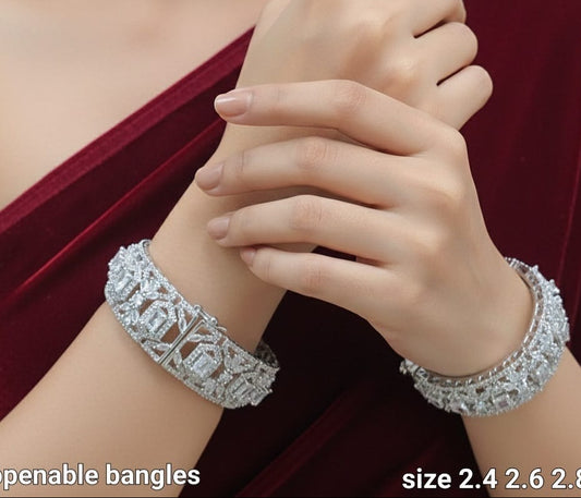 Designer Wear Silver Finish CZ Stone Broad Bangles -  Set Of 2 - Premium Quality