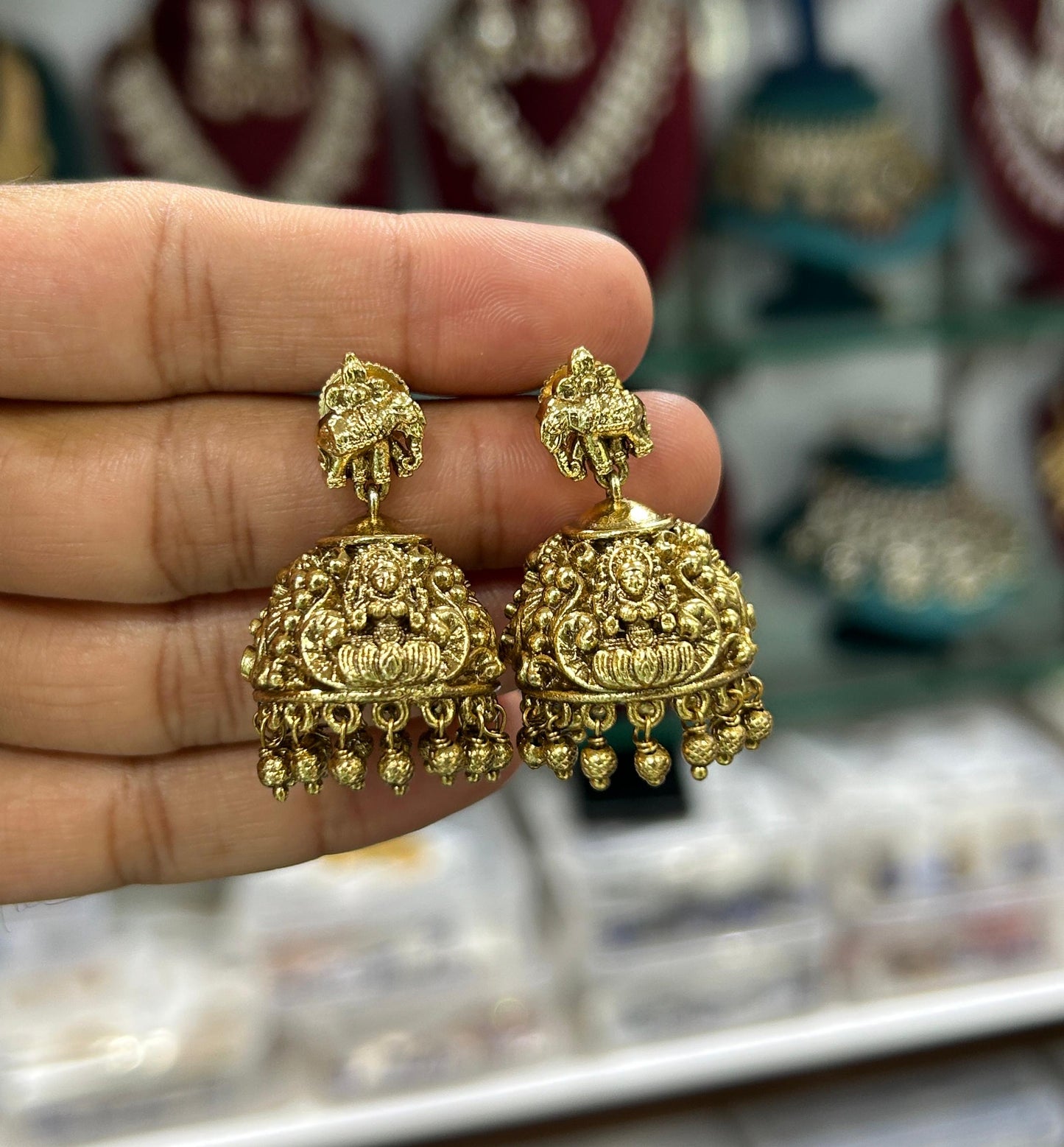 Bridal Premium Antique Matte Finish Jhumkas - Lakshmi Motif Earrings