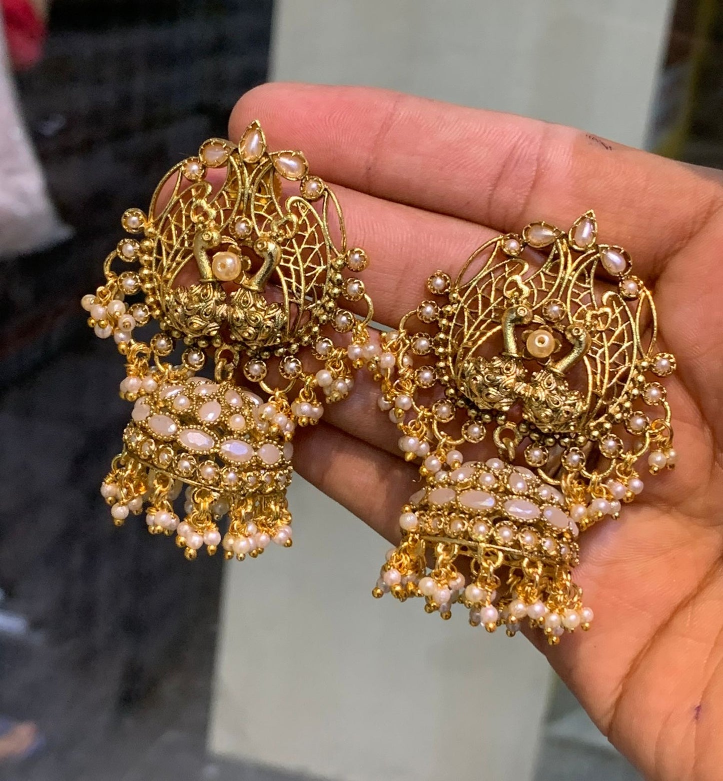 Premium Antique Bridal Jhumkas -Classy Peacock Motif Guttapushalu Earrings -White