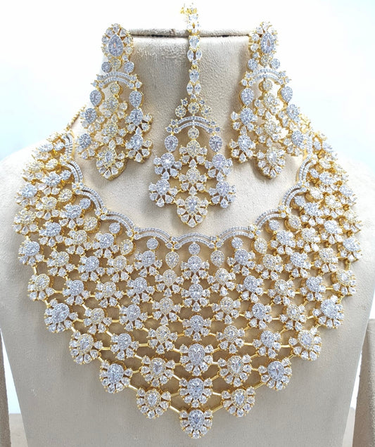 Premium Quality CZ Stone Bridal Necklace Set With Earrings - Dual Tone