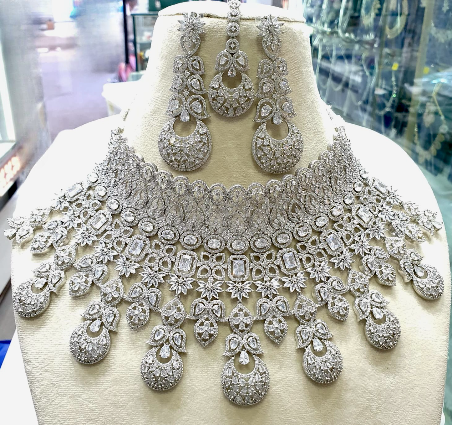 Elegant Bridal AD Stone Choker for Lehenga Silver White Necklace Set with Earrings and Tikka