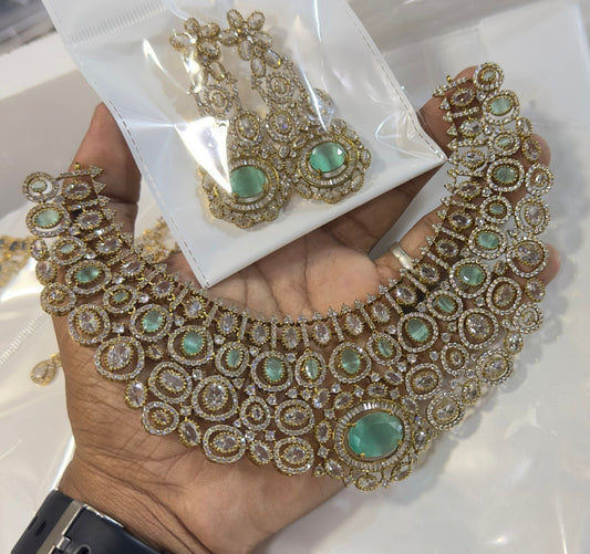 Elegant Bridal Victorian finish Cz Stone Necklace with Earrings- 1 Set