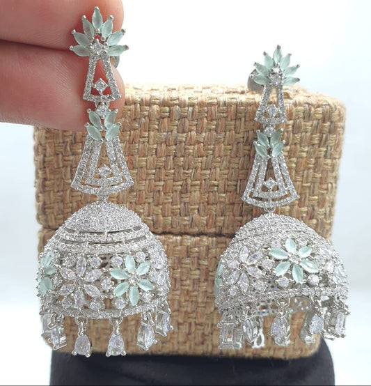 Elegant American Diamond Stone Revolving Jhumka Earrings - Silver Finish
