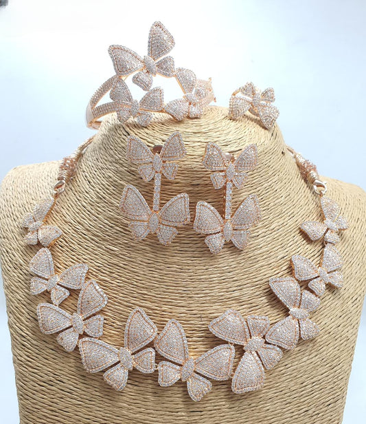 Elegant Bridal Choker Necklace Set With Earrings, Bracelet And Ring-Rose Gold