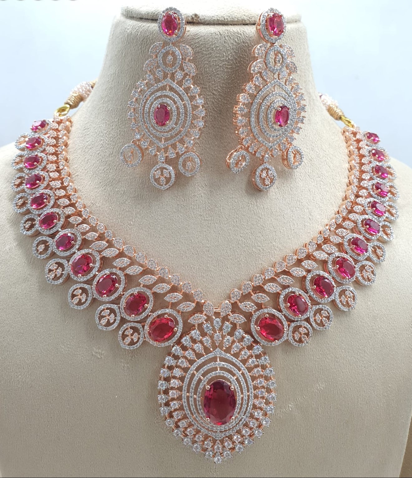 Elegant Bridal Rose Gold Finish Choker Necklace Set With Earrings - Premium Quality