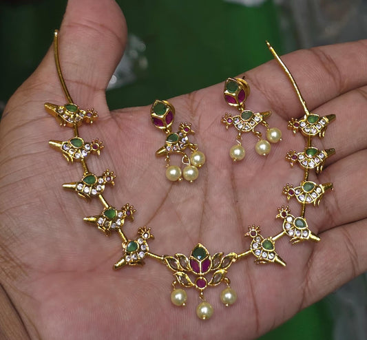 Latest Matte Antique Lotus Necklace Set With Kanti