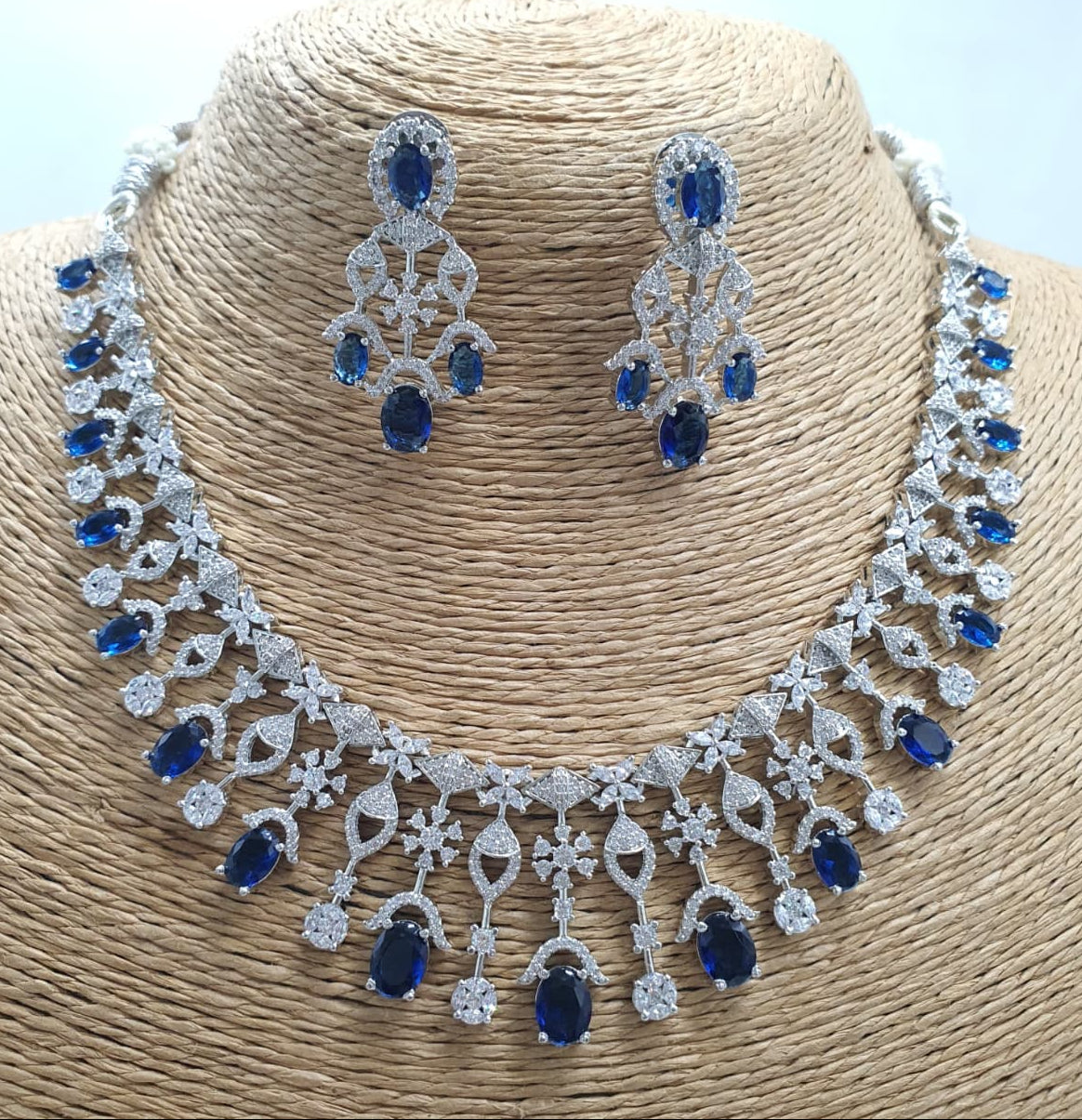 Elegant Premium AD Stone Silver Finish Necklace Set With  Earrings