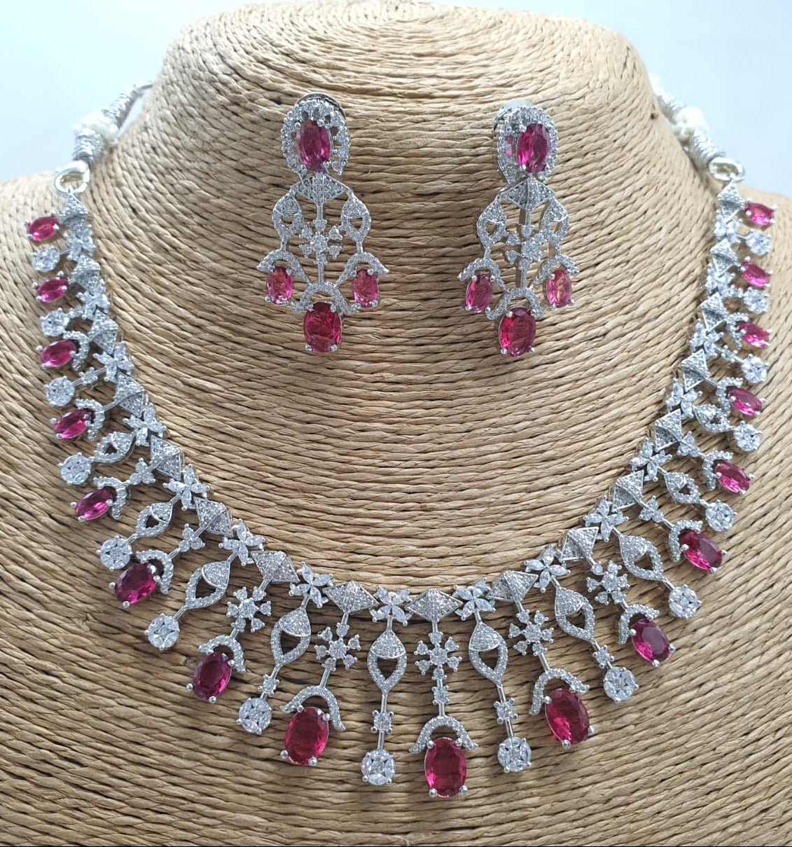 Elegant Premium AD Stone Silver Finish Necklace Set With  Earrings