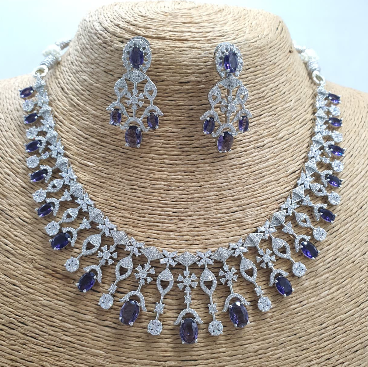 Elegant Premium AD Stone Silver Finish Necklace Set With  Earrings