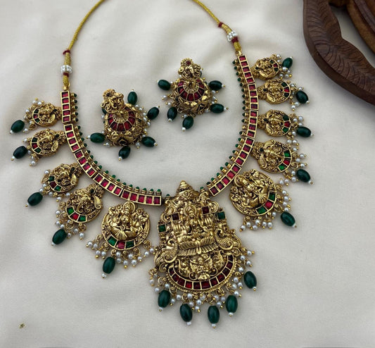 Elegant Premium Antique Finish Temple Design Necklace Set With Earrings - Green Beads