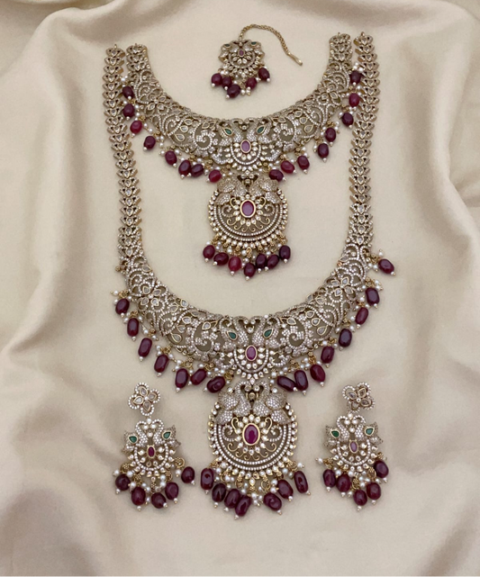 Elegant Premium CZ Stone Bridal Set With Earrings And Tikka