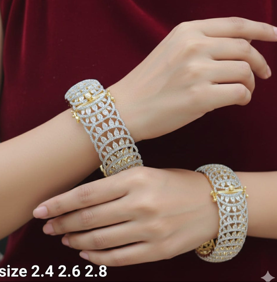 Elegant Premium CZ Stone Openable Kada Broad Bangles - Set Of 2