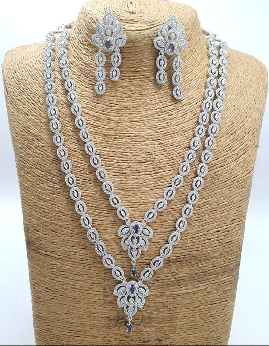 Elegant Premium Double Layer CZ Long Floral Necklace Set With Earrings - Silver Finish