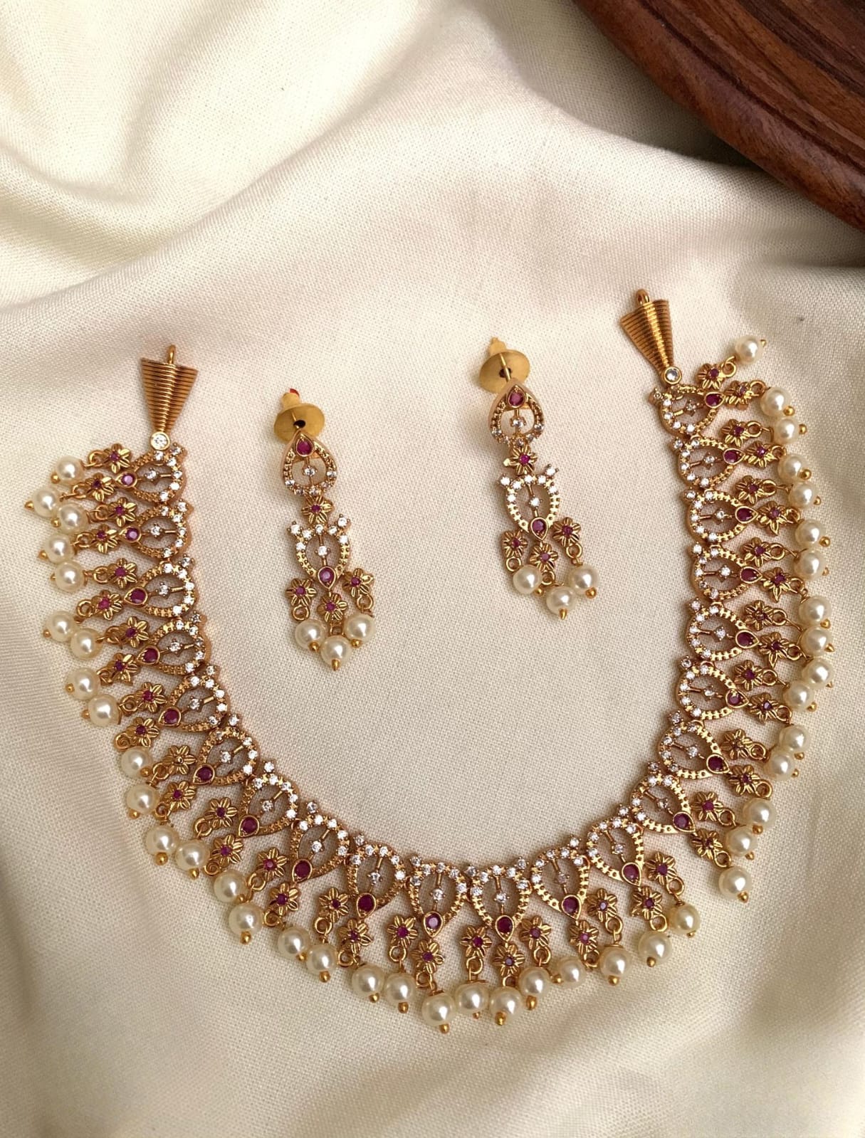 Elegant Premium Finish CZ Stone Necklace Set With Earrings-Pearl Beads