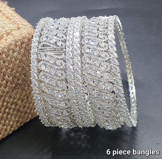 Elegant Premium Floral CZ  Silver Finish Bridal Bangles - 6 Pieces