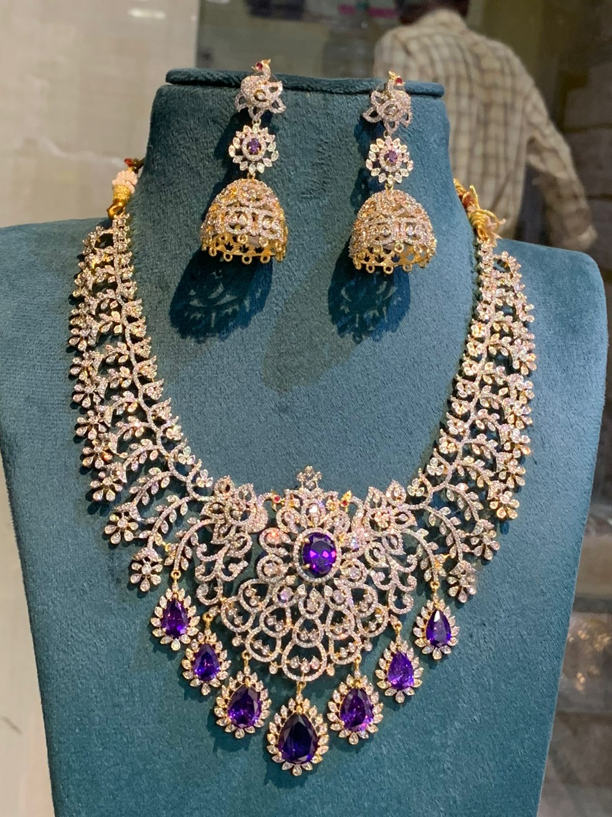 Elegant Premium Floral Design GJ Polish CZ Stone Necklace Set With Earrings