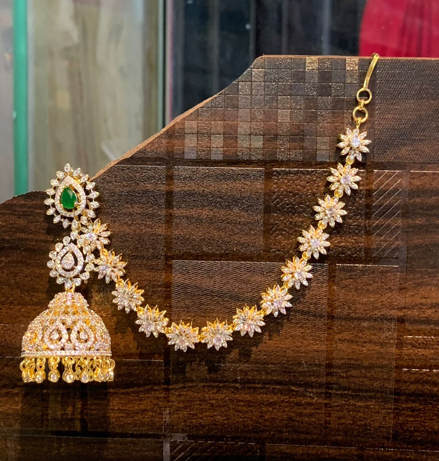 Elegant Premium GJ Polish CZ Stone Jhumka Earrings WIth Earchains - 1 Pair