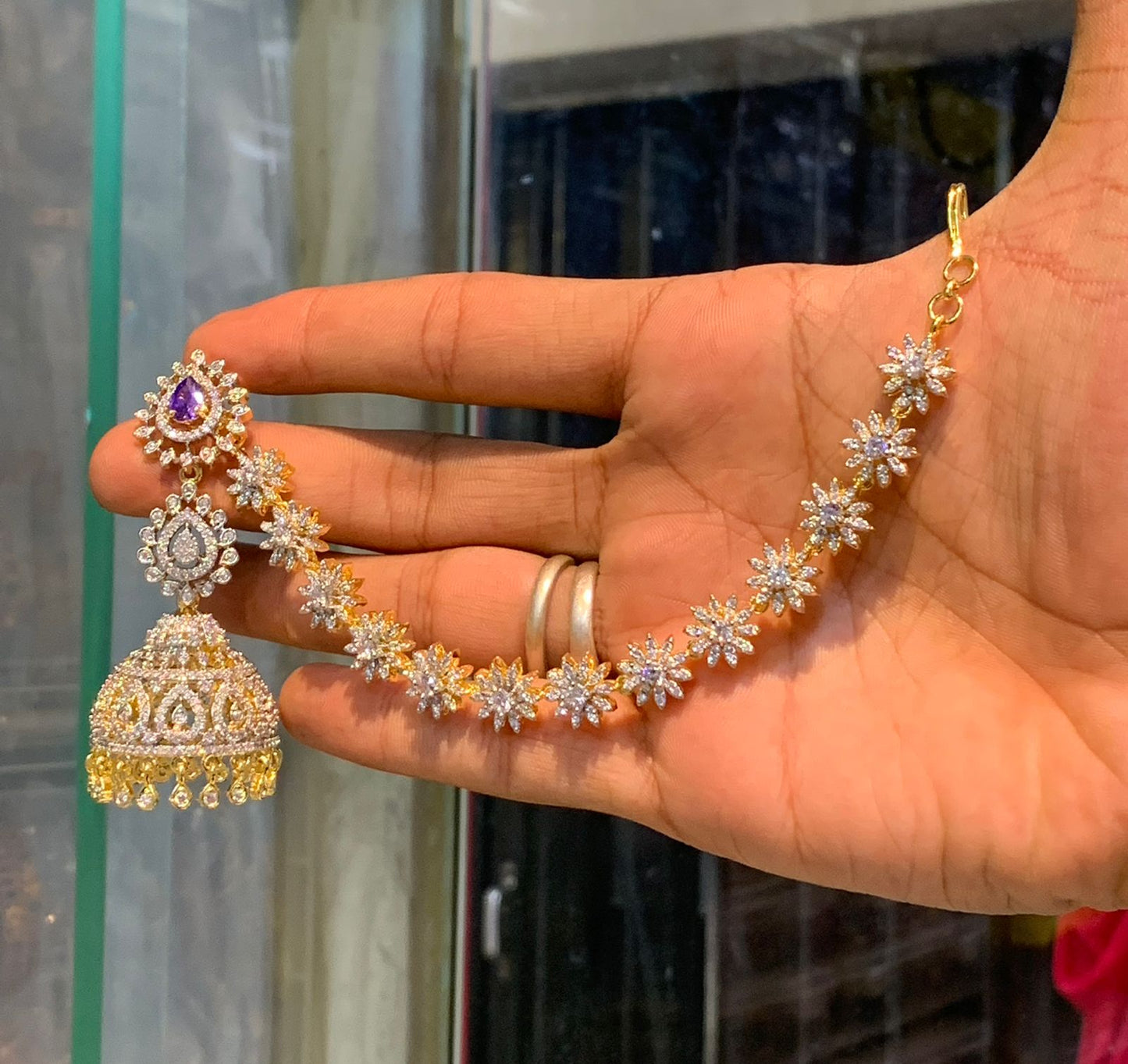 Elegant Premium GJ Polish CZ Stone Jhumka Earrings WIth Earchains - 1 Pair