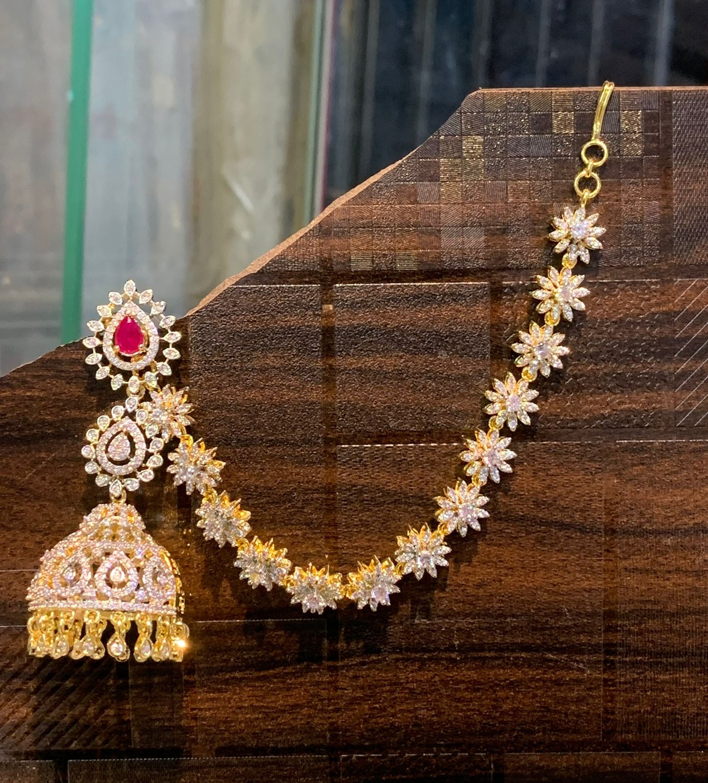 Elegant Premium GJ Polish CZ Stone Jhumka Earrings WIth Earchains - 1 Pair