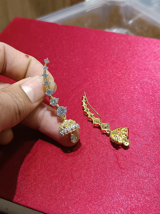 Elegant Premium Gold Flower CZ Ear Climber Earrings With Drops - 1 Pair