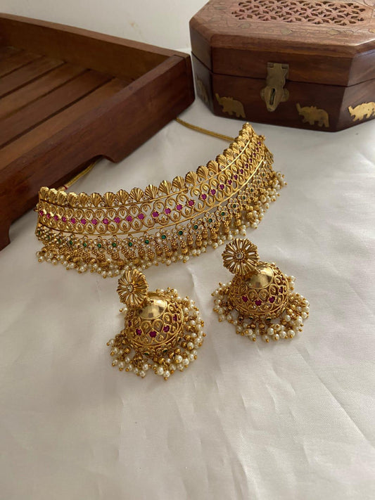 Elegant Premium Matte Finish Choker Necklace Jhumki Earrings