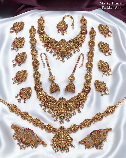 Elegant Premium Matte Finish Temple Bridal Set With Earrings - Lakshmi Motif