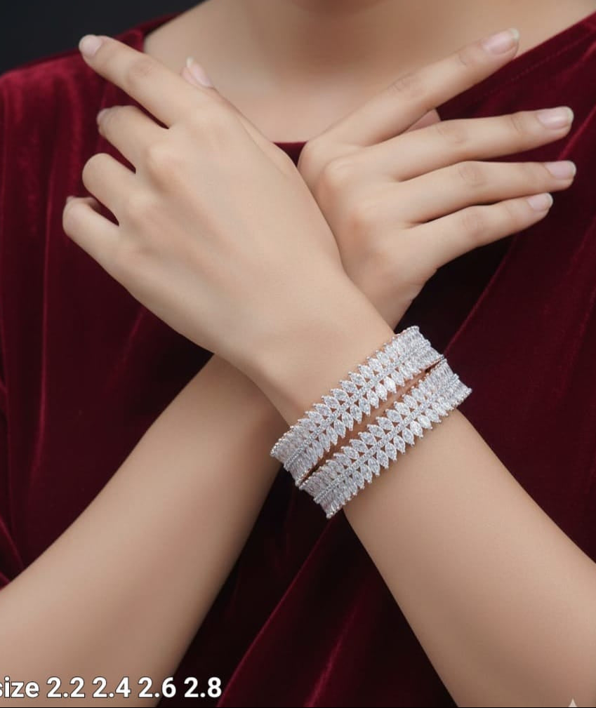 Elegant Premium Party Wear Silver Finish CZ Stone Bangles - Set Of 2