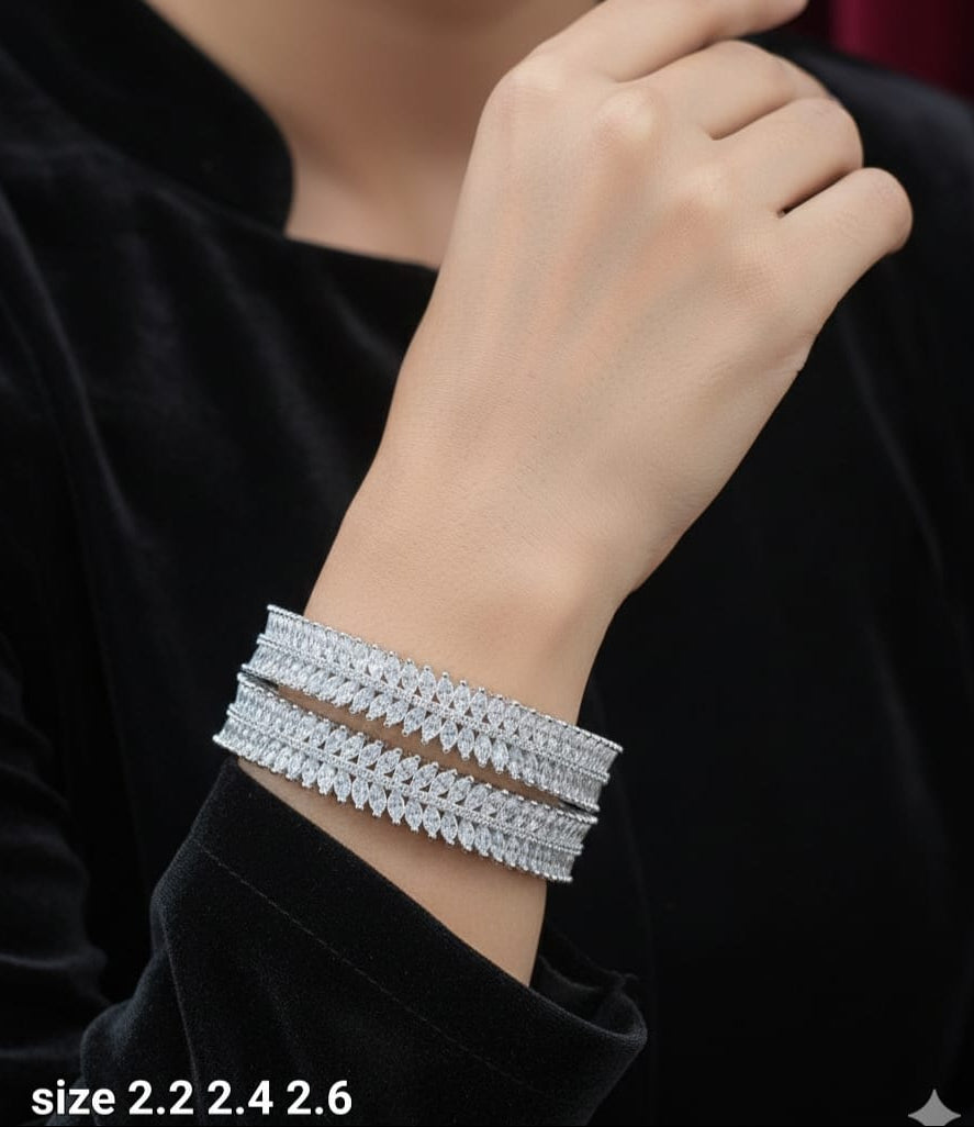 Elegant Premium Party Wear Silver Finish CZ Stone Bangles - Set Of 2