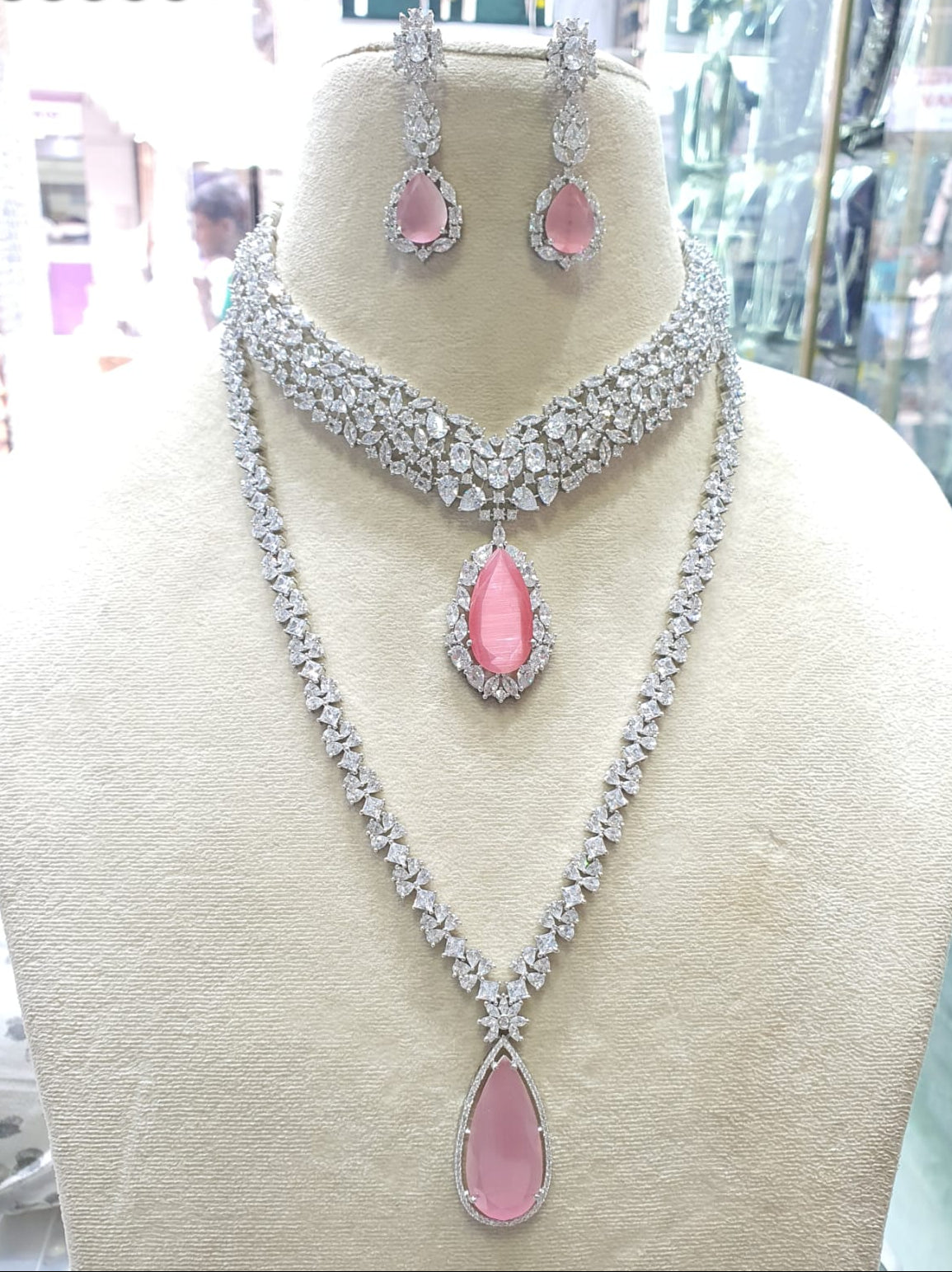 Elegant Premium Silver Finish AD Stone Long And Short Necklace Set With Earrings 