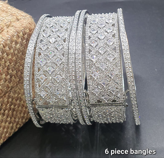 Elegant Premium Silver Finish CZ Stone Bangles - 6 Piece