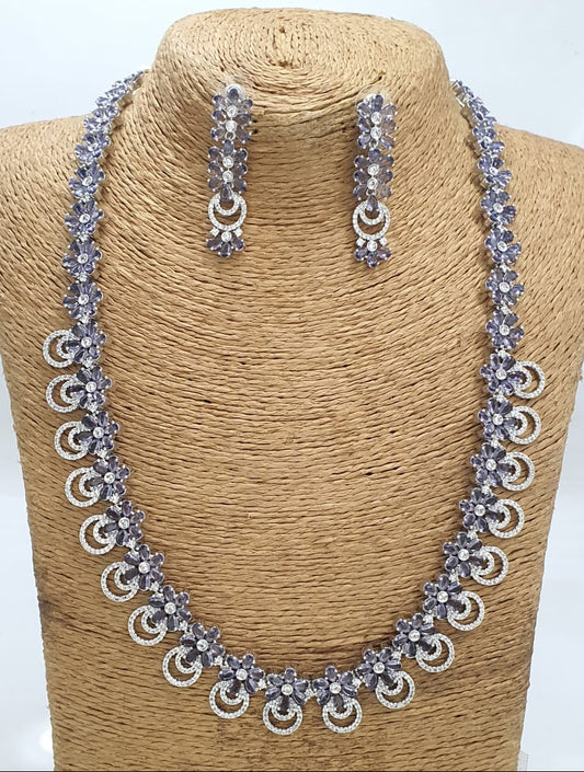 Elegant Premium Silver Tone Floral Designer Necklace Set With Earrings