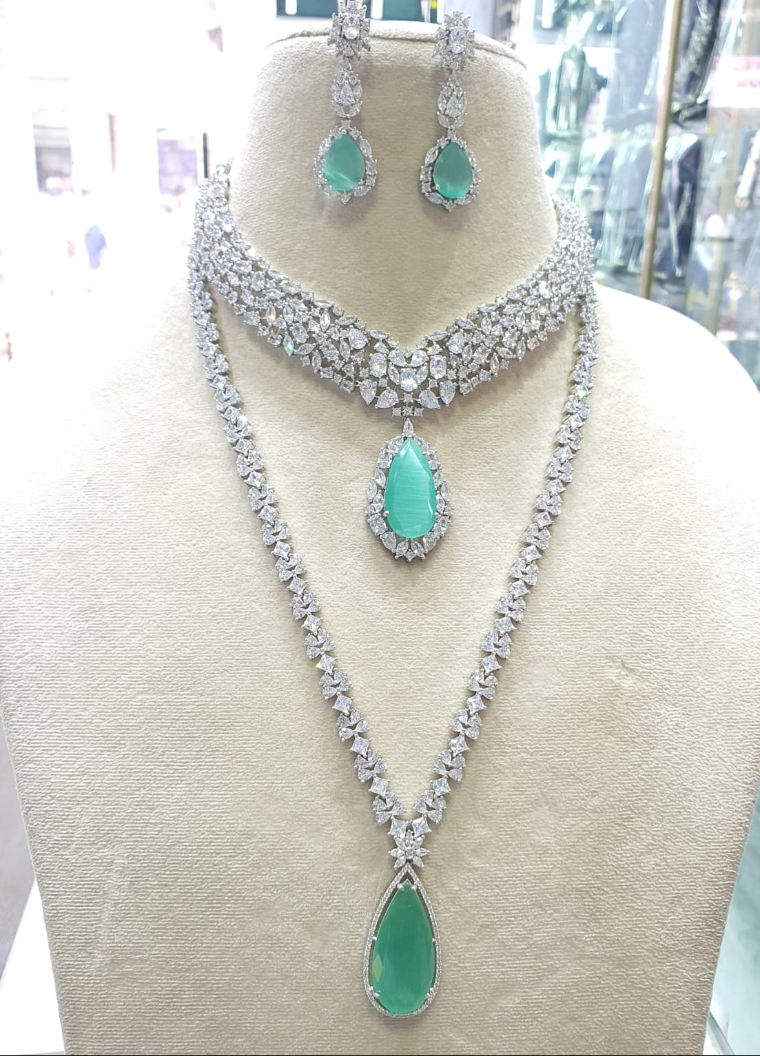 Elegant Premium Silver Finish AD Stone Long And Short Necklace Set With Earrings 