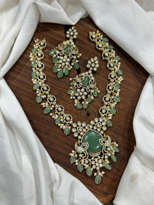 Elegant Premium Victorian Finish Polki Necklace Set With Earrings - Green