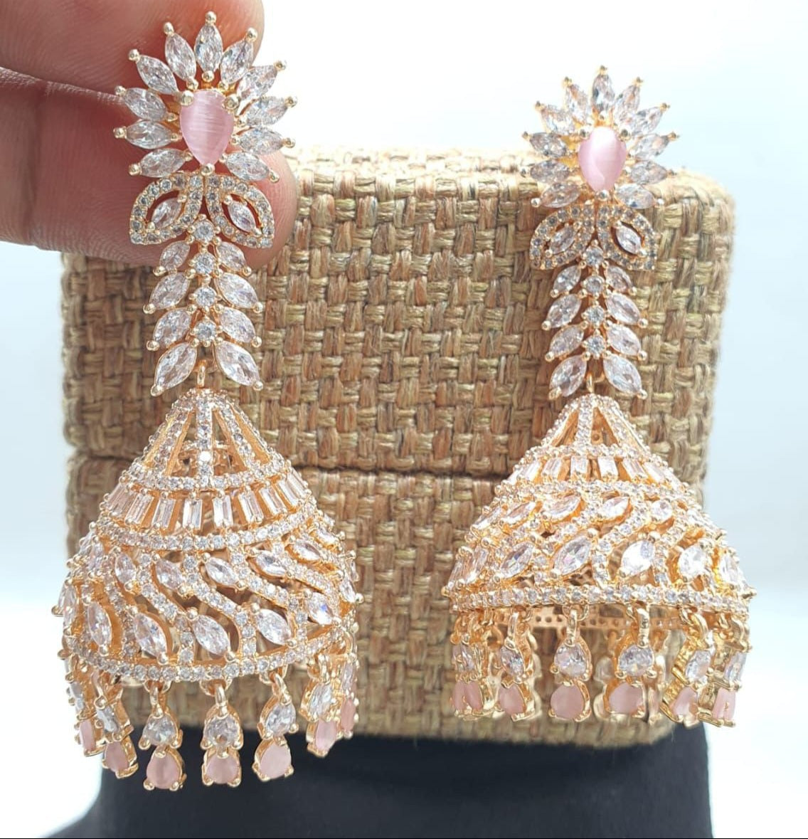 Elegant Revolving CZ Stone Jhumka Earrings-Rose Gold