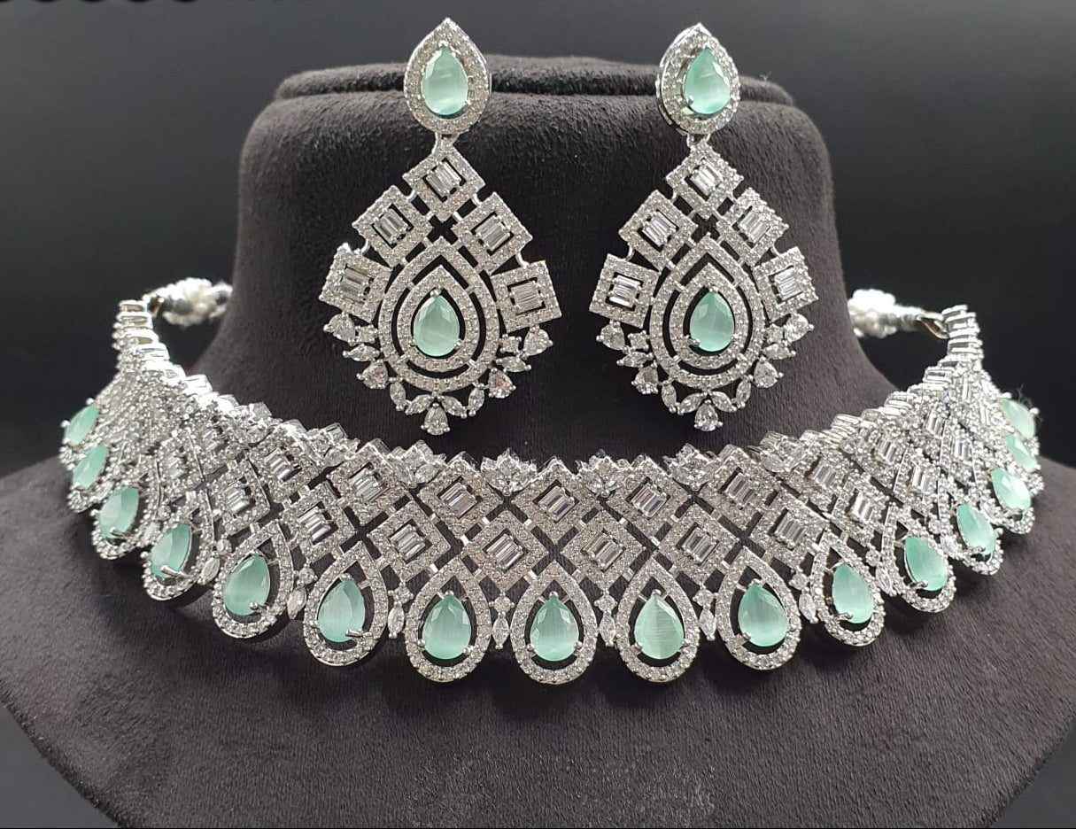 Elegant Silver Finish AD Stone Bridal Choker Necklace With Earrings - Premium Quality