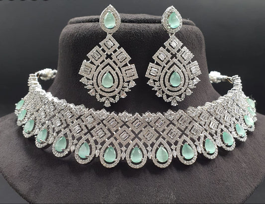 Elegant Silver Finish AD Stone Bridal Choker Necklace With Earrings - Premium Quality