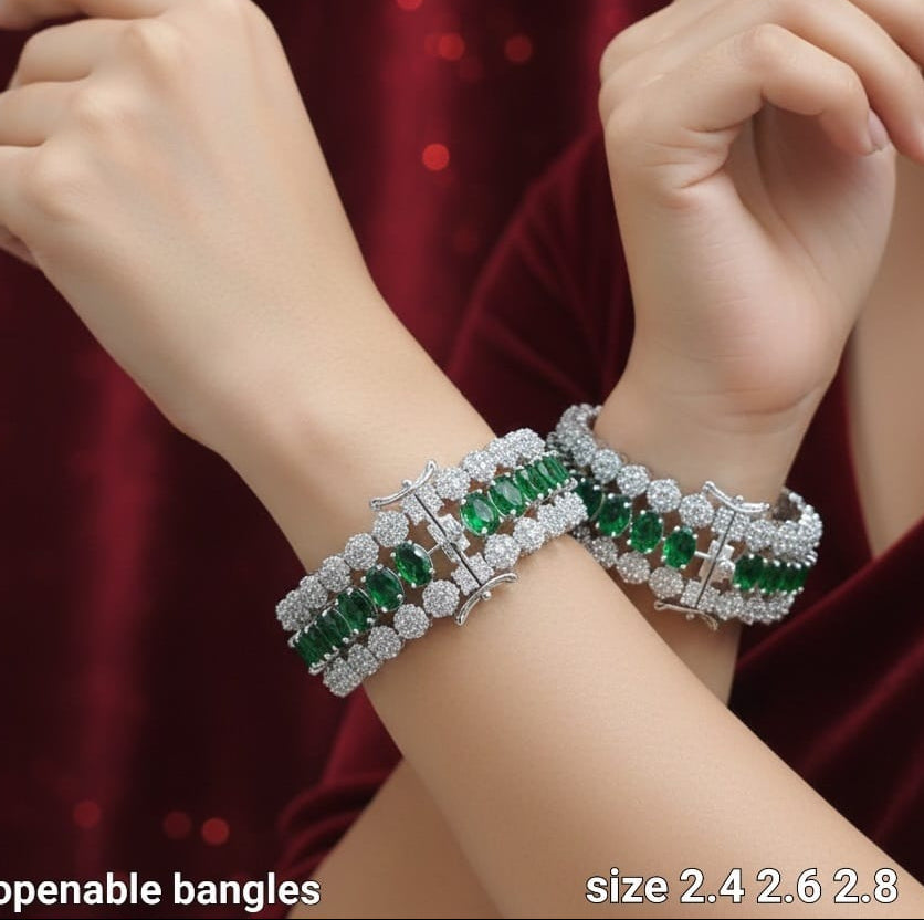 Elegant Silver Finish CZ Stone Openable Kada Broad Bangles - Set Of 2 - Premium Quality