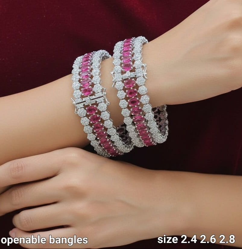 Elegant Silver Finish CZ Stone Openable Kada Broad Bangles - Set Of 2 - Premium Quality