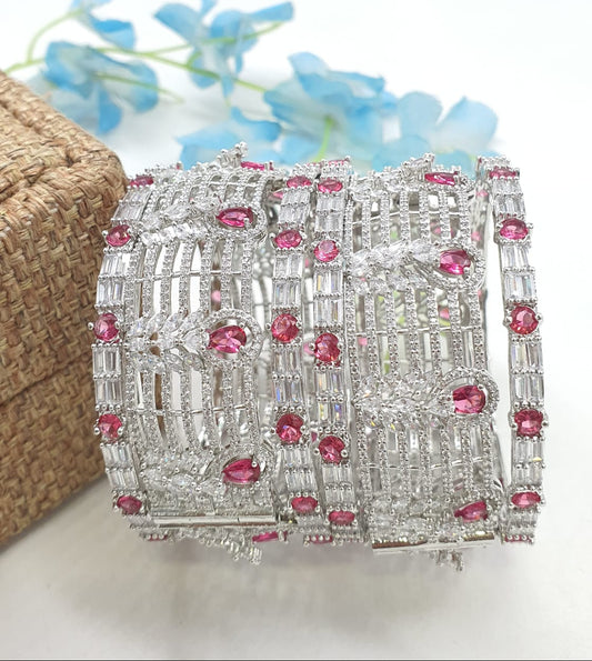 Elegant Silver Finish CZ Stone Openable Kada Pink  Bangles - Premium Quality - 6 Pieces