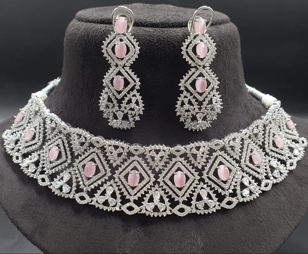 Elegant Silver Polish AD Stone Choker Necklace Set With Long Earrings - Premium Quality