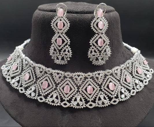 Elegant Silver Polish AD Stone Choker Necklace Set With Long Earrings - Premium Quality
