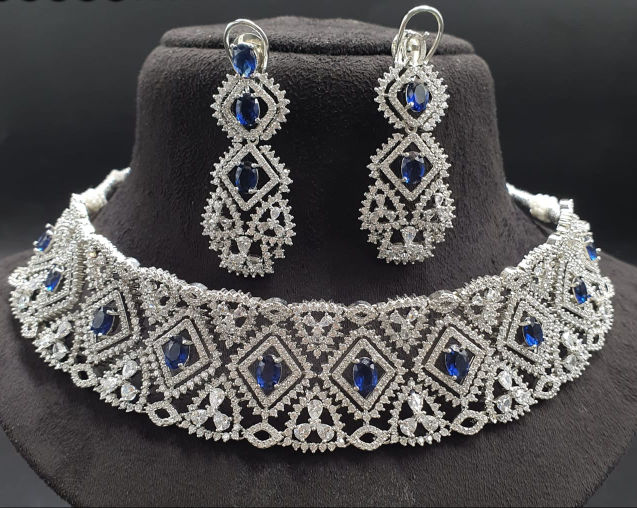 Elegant Silver Polish AD Stone Choker Necklace Set With Long Earrings - Premium Quality