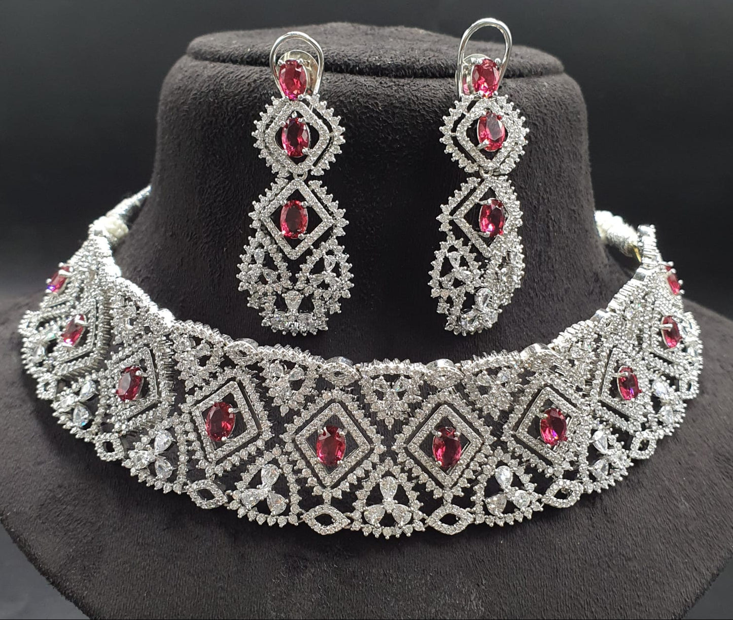 Elegant Silver Polish AD Stone Choker Necklace Set With Long Earrings - Premium Quality