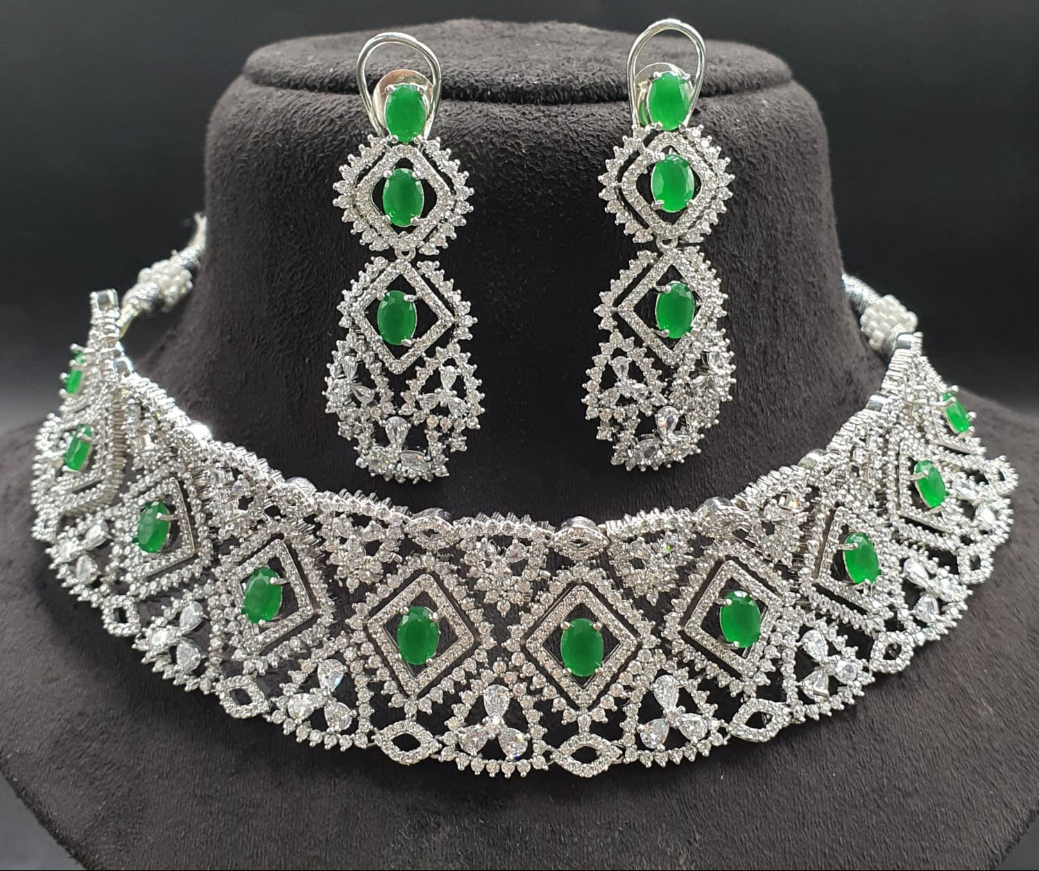 Elegant Silver Polish AD Stone Choker Necklace Set With Long Earrings - Premium Quality