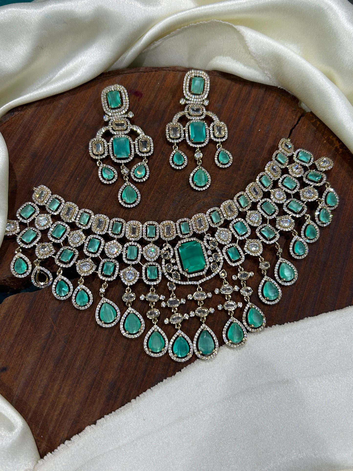 Elegant Victorian Uncut Stone Choker Necklace With Earrings - Premium Quality