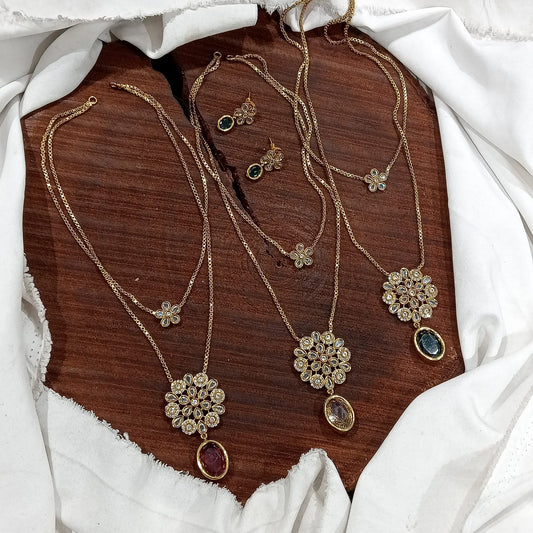 Elegant Two Layered Pendant Necklace Set With Earrings - 1 set